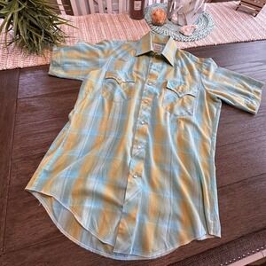 Rare Vintage Mustang Western Shirt Short Sleeve Snap‎ Pearl Buttons Mens Size M
